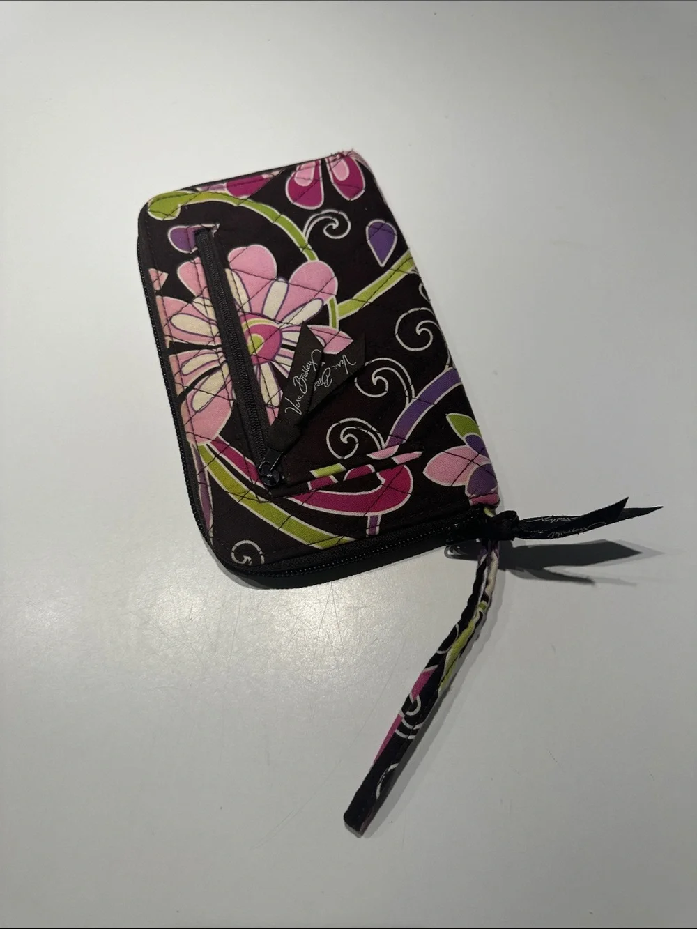 Vera Bradley Black Wristlet with Pink and Green Floral Print